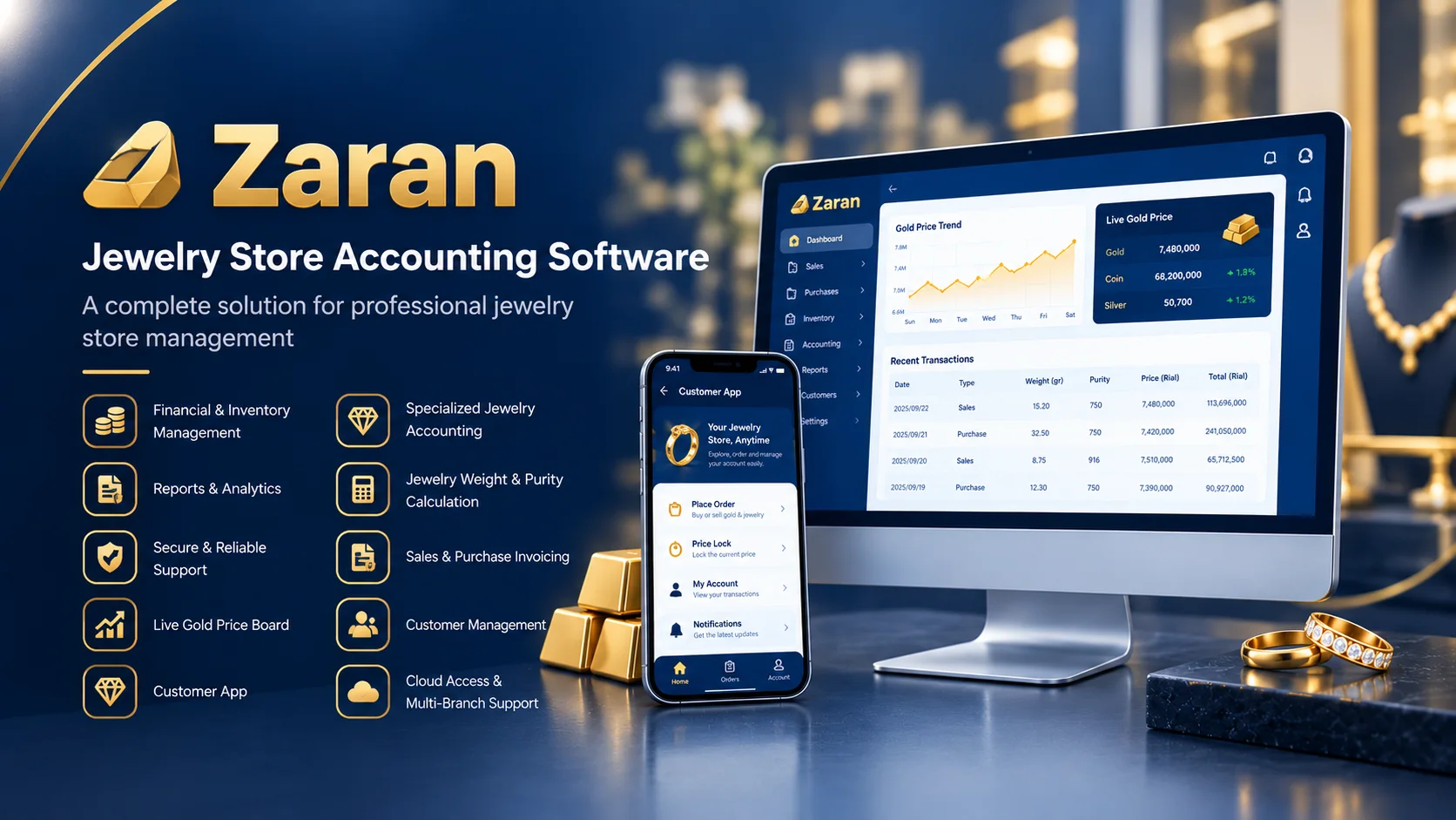 Zaran: gold and jewelry accounting software with a live rate board